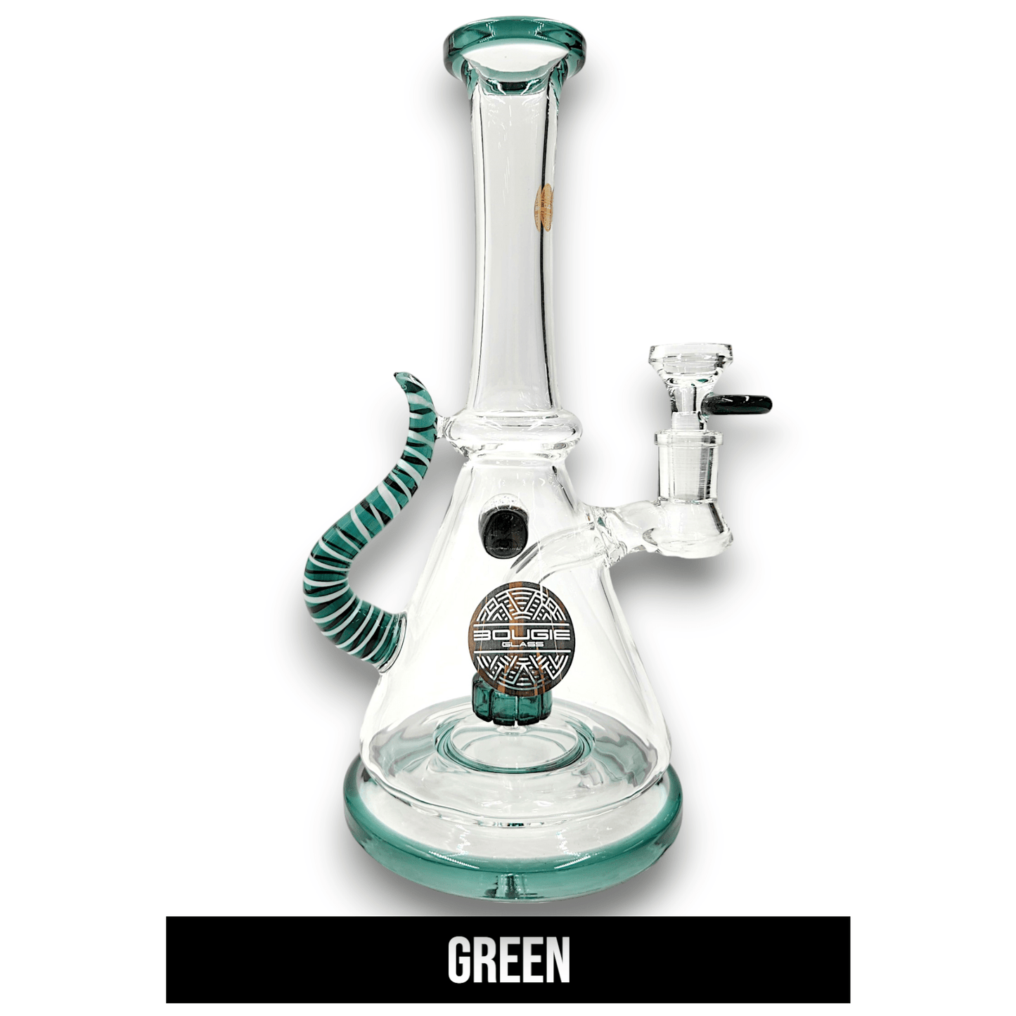 11" Bougie Glass Stiped Tail Handle Disc Percolator Beaker Bong