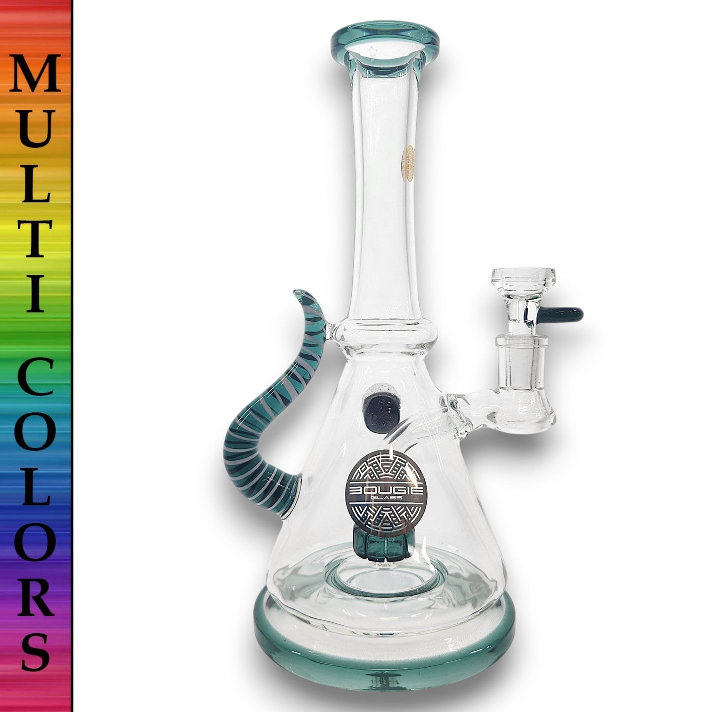 11" Bougie Glass Stiped Tail Handle Disc Percolator Beaker Bong