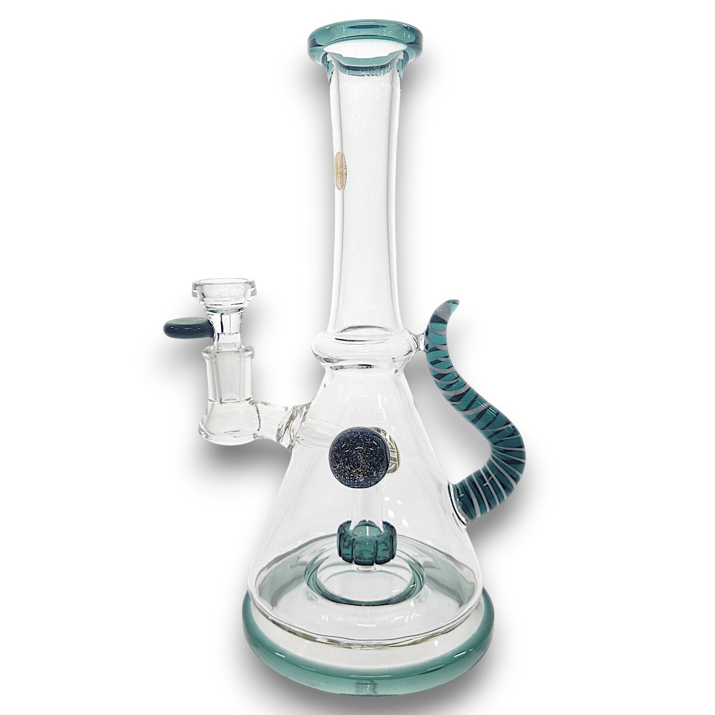11" Bougie Glass Stiped Tail Handle Disc Percolator Beaker Bong