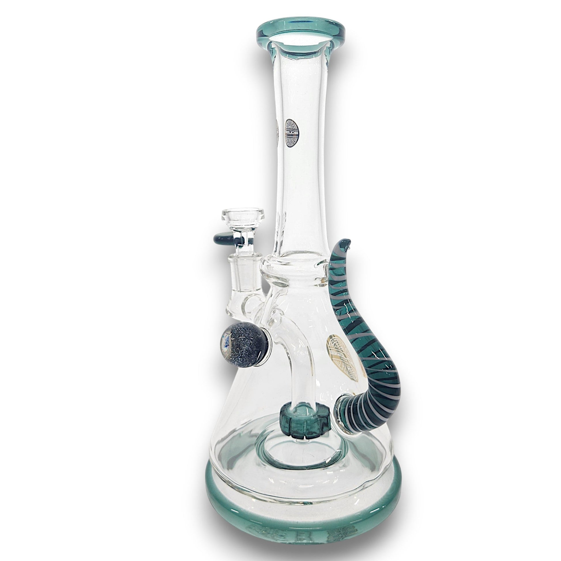 11" Bougie Glass Stiped Tail Handle Disc Percolator Beaker Bong