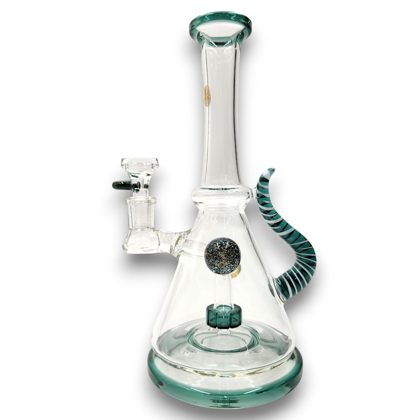 11" Bougie Glass Stiped Tail Handle Disc Percolator Beaker Bong