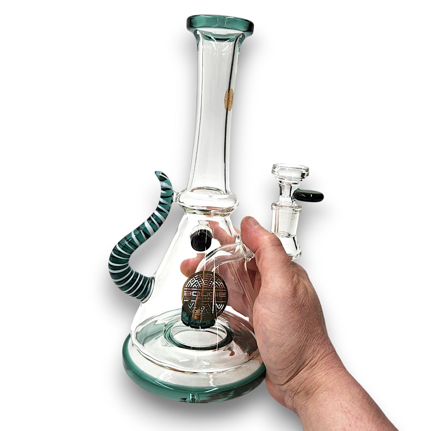 11" Bougie Glass Stiped Tail Handle Disc Percolator Beaker Bong