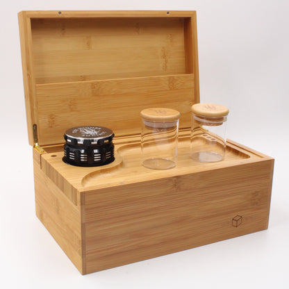 Higher Society Bamboo Stash Storage Box With Grinder Jars