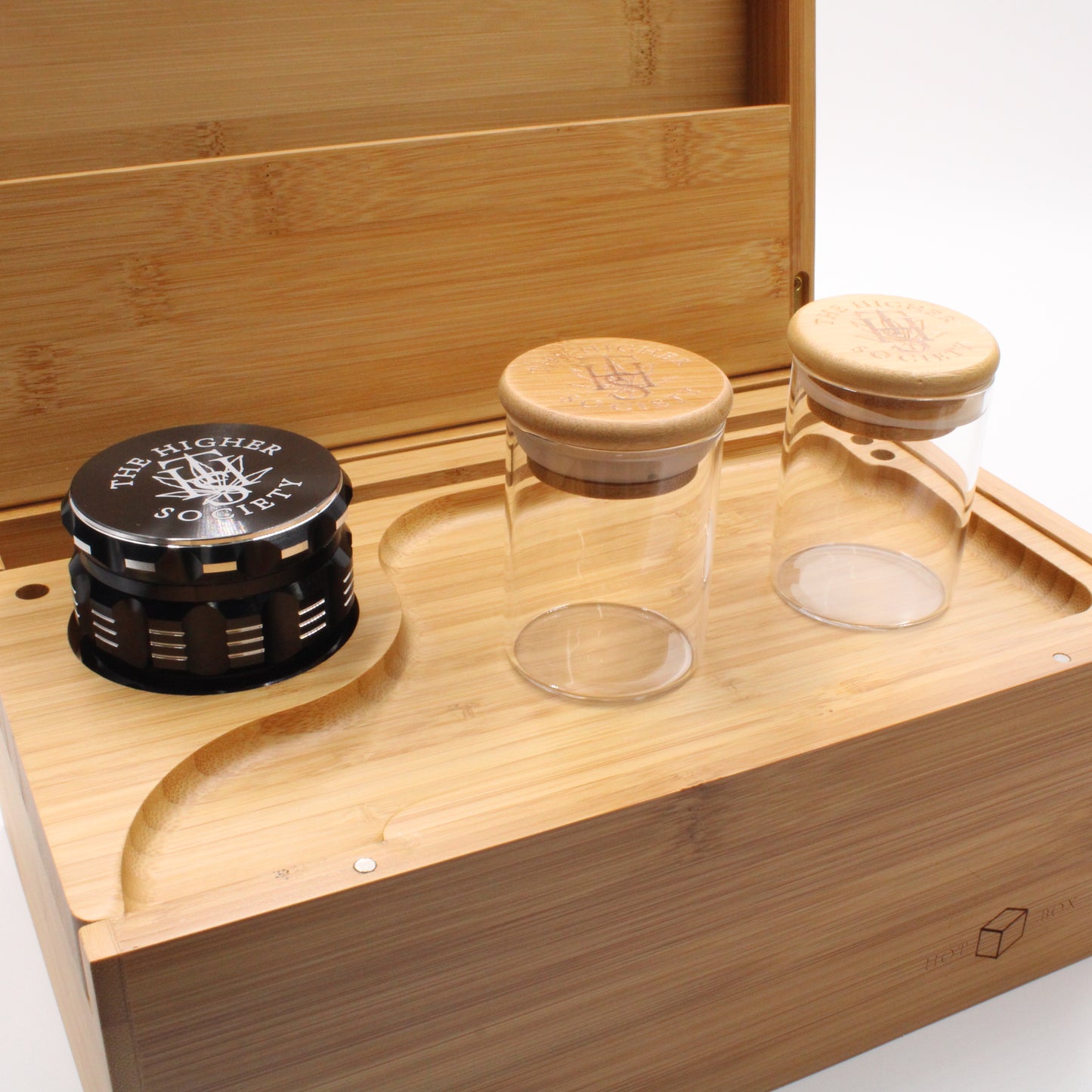 Higher Society Bamboo Stash Storage Box With Grinder Jars